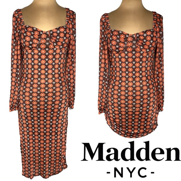 Madden NYC retro floral mesh bodycon dress size Large brown orange floral print - Picture 1 of 8